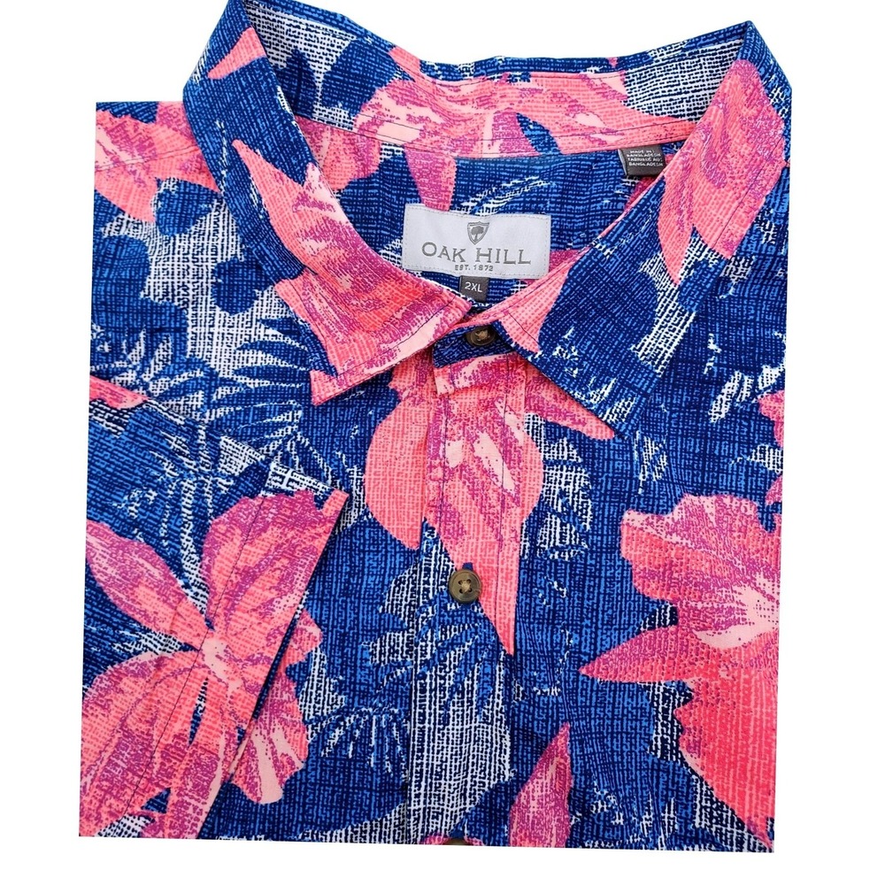 Oak Hill 2XL Mens Floral Print Button Up Shirt 3/4 Sleeve Blue‎ Pink